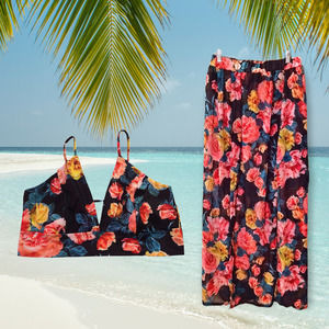 Floral 2 piece bathing suit, slit maxi skirt with built in bikini, bralette